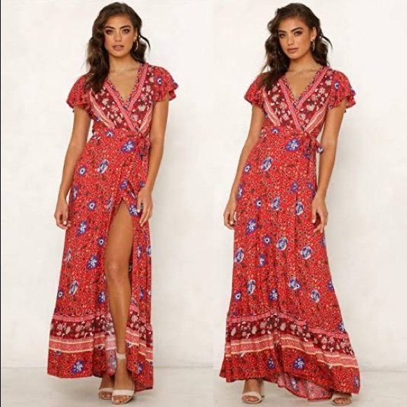 Zesica Dresses & Skirts - ZESICA Maxi Boho Wrap Dress Slit Evening Cocktail Summer Floral Sundress